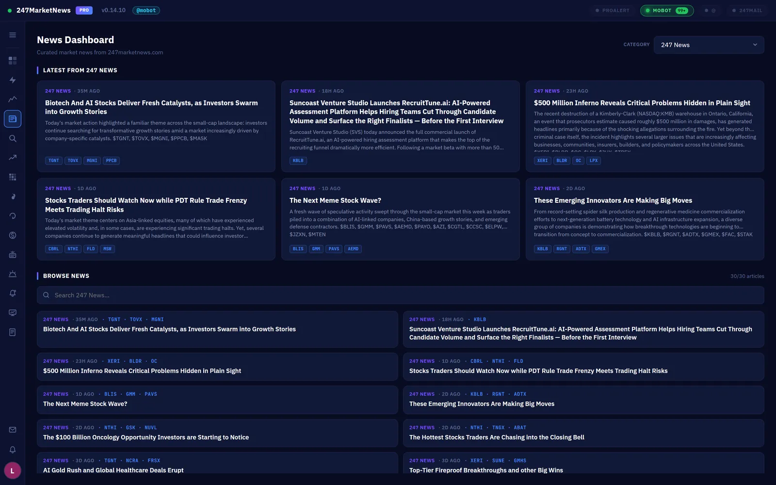 News dashboard with curated hero articles and MoBot Alerted News