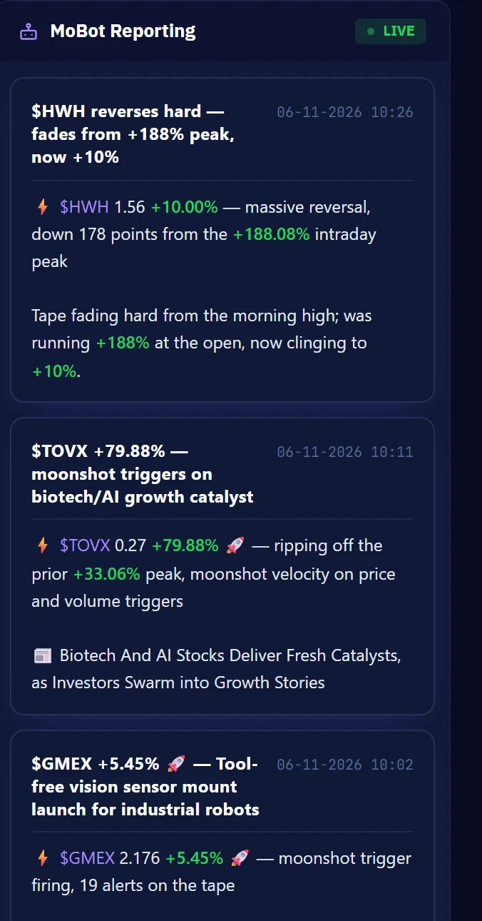 MoBot Reporting panel: hourly AI digest listing major movers with prices, percent moves, and catalysts